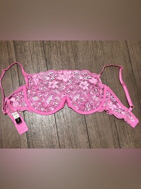 Fredericks Hollywood Pink Lace Bra 36D Sheer Underwire Coquette Y2K